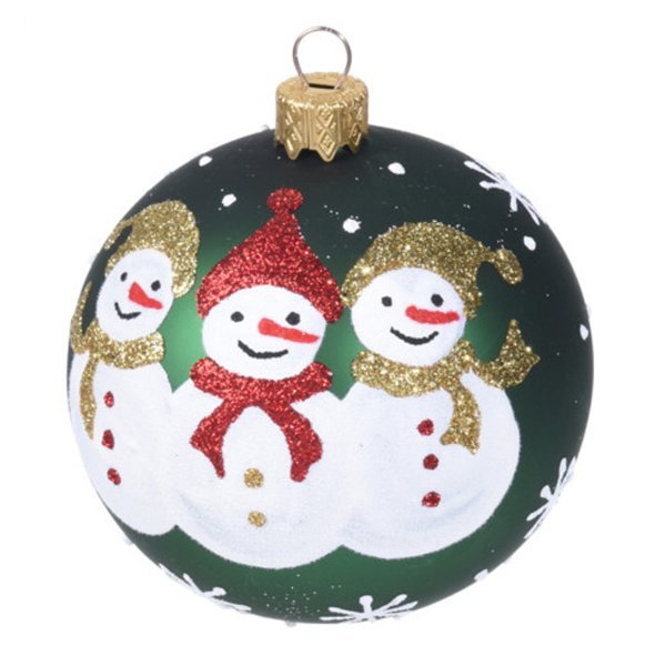 Χριστουγεννιάτικη Γυάλινη Μπάλα Πράσινη με Χιονάνθρωπους (10cm)